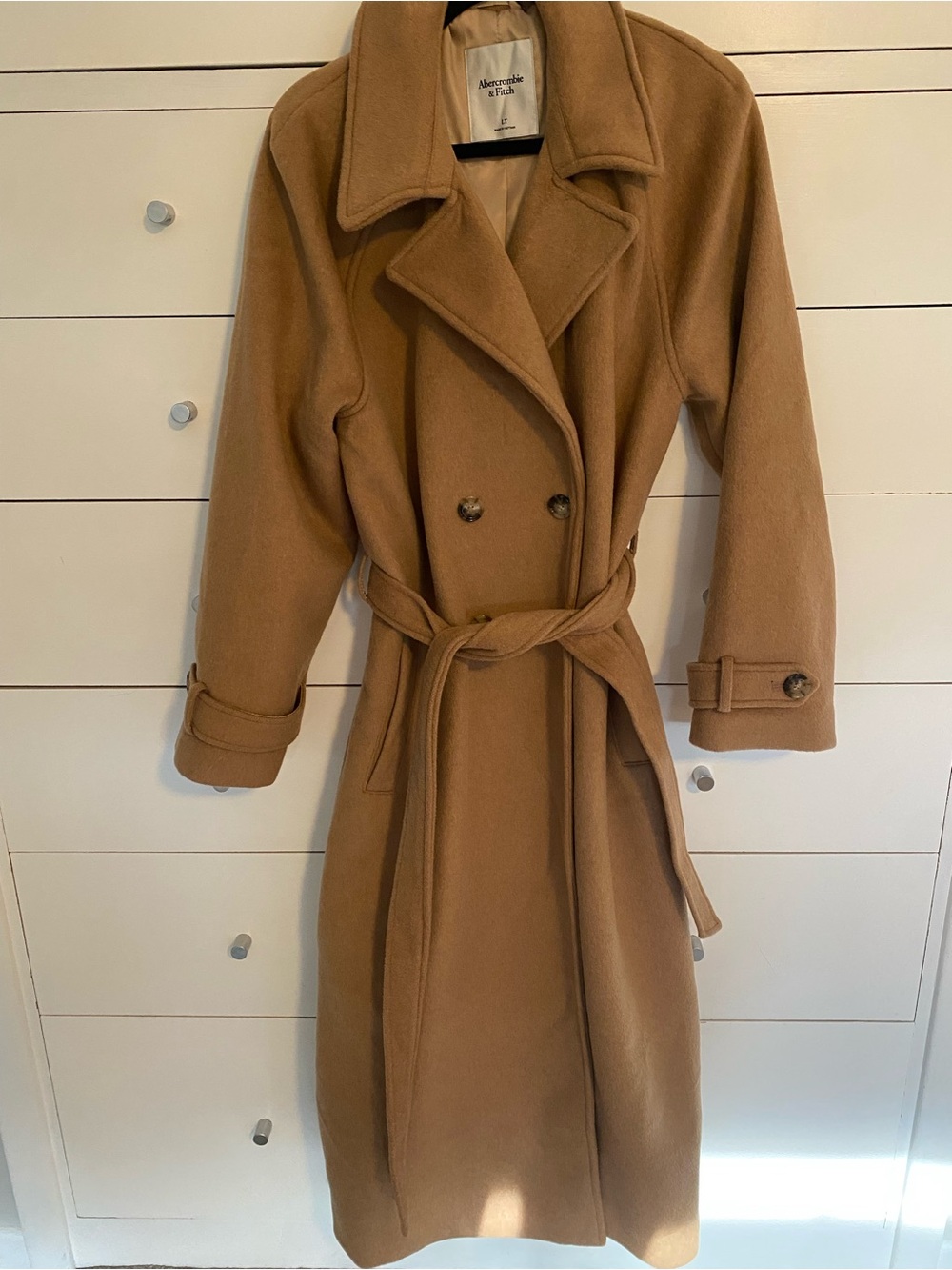 Abercrombie & Fitch Wool Blend Camel Trench Coat with Belt, Sz Large Tall